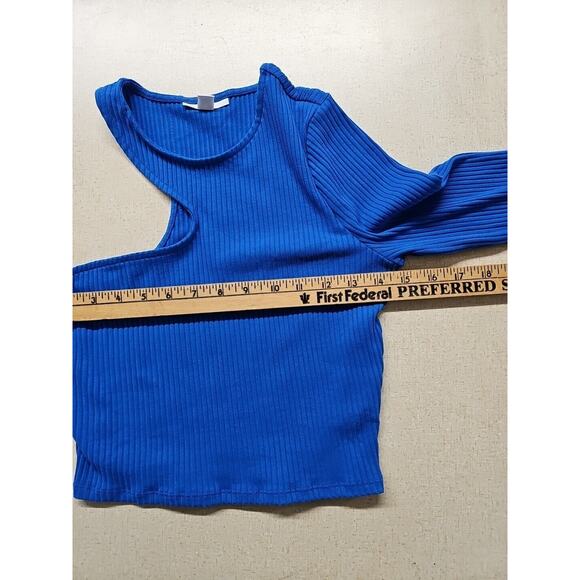 BAR III Women's Deep Electric Blue OneShoulder Long-Sleeve Cutout Crop Top Med - Picture 3 of 7